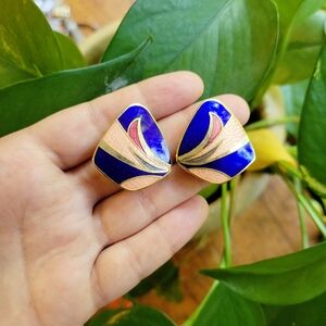 Vintage Funky Modern Royal Blue Geometric Triangle Clip-On Stud Earrings